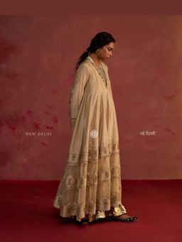 Rhua India - Arshia Almond Chanderi Anarkali Set With Sharara And Dupatta