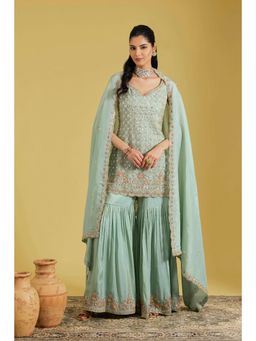 Meenagurnam - Blue Tissue Embroidered Kurta With Sharara And Dupatta