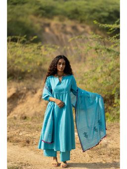Silai Studio - Maya Blue Cotton Plain Kurta And Pant