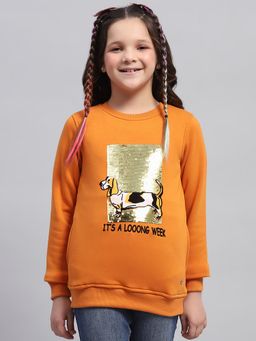 Monte Carlo - Girl'S Embellished Orange Round Neck Full Sleeve Sweatshirt