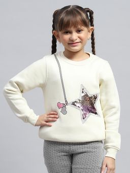 Monte Carlo - Girl'S Cream Embellised Round Neck Full Sleeve Sweatshirt