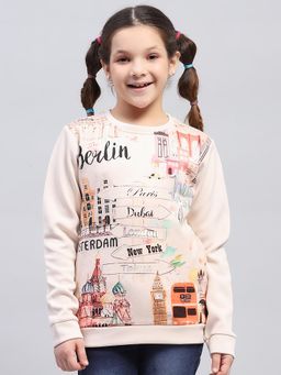 Monte Carlo - Girl'S Printed Beige Round Neck Full Sleeve Sweatshirt