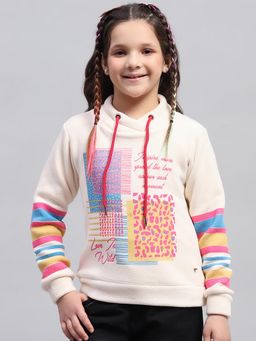 Monte Carlo - Girl'S Graphic Off White V Neck Full Sleeve Sweatshirt
