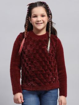 Monte Carlo - Girl'S Self Design Maroon Round Neck Full Sleeve Sweatshirt