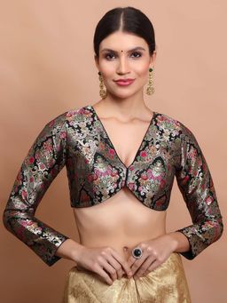 SALWAR STUDIO - Black Brocade V Neck Readymade Padded Blouse