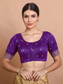 SALWAR STUDIO - Purple Silk Embroidered Round Neck Readymade Blouse