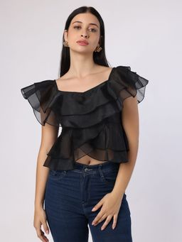 BLANC9 - Black Double Layered Frill Organza Top