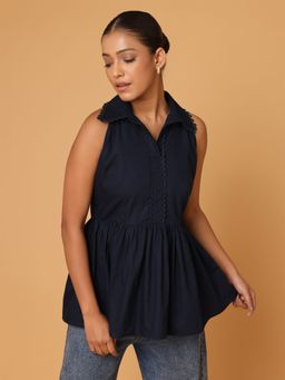 BLANC9 - Navy Blue Lace Detail Shirt Style Peplum Top