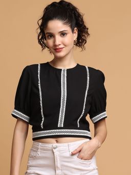 BLANC9 - Black Contrast White Lace Crop Top
