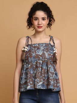 BLANC9 - Brown Floral Printed Strappy Peplum Top