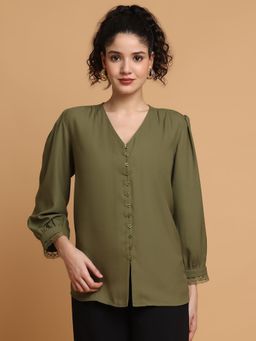 BLANC9 - Green V Neck Puff Sleeves Top