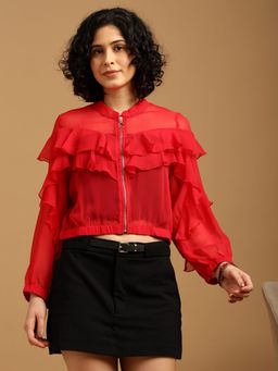 BLANC9 - Frilly Red Sheer Shirt Style Top