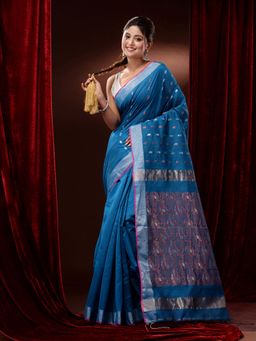 CHARUKRITI - Sapphire Blue Cotton Blend Paisley Motifs & Zari Woven Pallu Saree with Unstitched Blouse
