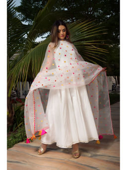 POMCHA - Pure Cotton Anarkali With Mirror Work Organza Dupatta (Set of 3)