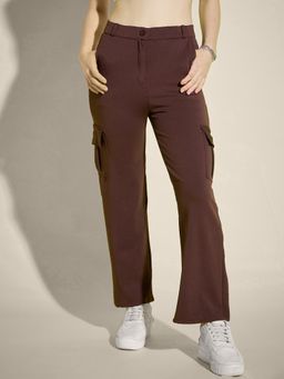 Buynewtrend - Women Brown Plus Size Straight Fit Full Length Solid Cargo Pant