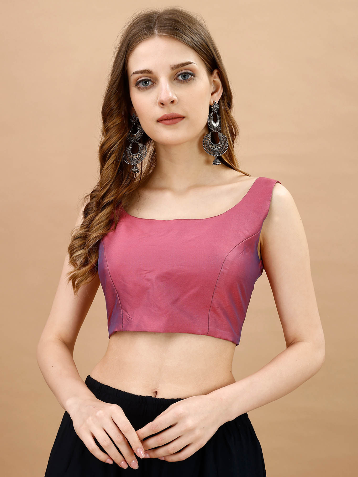 Pink Solid Sleeveless Tafeta Stitched Blouse-image-44