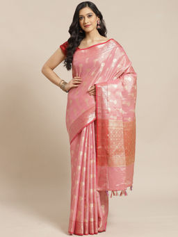 Indethnic - Banarasi Pink Woven Design Festive Wear Saree With Unstitched Blouse