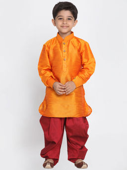 Vastramay - Boys Orange and Maroon Silk Blend Kurta and Dhoti (Set of 2)