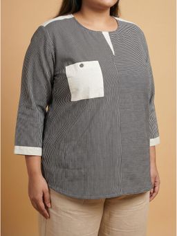 Curvy Lane - Grey Striped Cotton Plus Size Top for Women