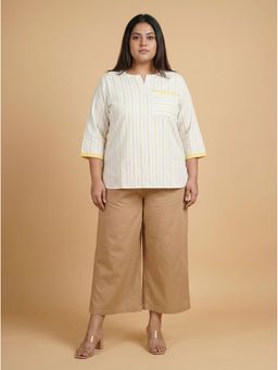 Curvy Lane - yellow Striped Cotton Plus Size Top for Women with Crochet detail