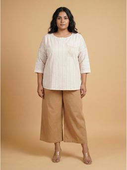 Curvy Lane - Pink Striped Cotton Plus Size Top for Women with Crochet Pocket