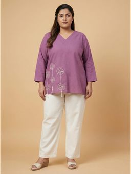 Curvy Lane - Purple Cotton Plus Size Top for Women with Dori Work