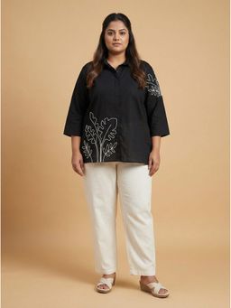 Curvy Lane - Black Cotton Plus Size Top for Women with Dori Work