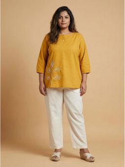 Curvy Lane - Yellow Cotton Plus Size Top for Women with Dori Work