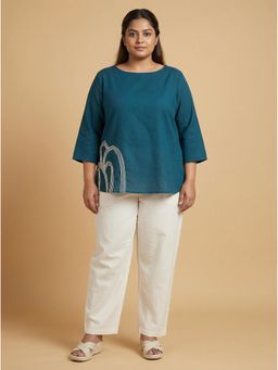 Curvy Lane - Blue Cotton Plus Size Top for Women with Dori Work