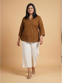 Curvy Lane - Brown reyon Plus Size Top for Women with Embroidery
