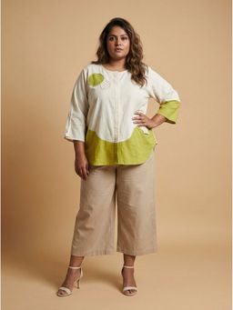 Curvy Lane - White and Lime Color Block Cotton Plus Size Top with code and block print