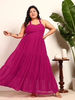 Deebaco - Magenta Georgette Dobby Strappy Tiered Women Plus Size Dress