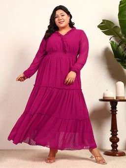 Deebaco - Magenta Georgette Dobby Smocking Tiered Maxi Women Plus Size Dress