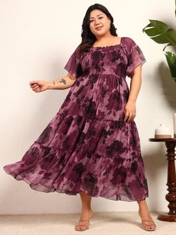 Deebaco - Wine Chiffon Floral Smocked Tiered Women Plus Size Dress