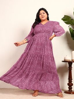 Deebaco - Purple Chiffon Bandhani Smocking Tiered Maxi Women Plus Size Dress