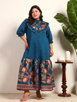 Deebaco - Teal Modal Chanderi Placement Floral Tiered Frill Shirt Women Plus Size Dress