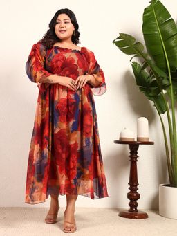Deebaco - Multicolour Chiffon Floral A-Line Midi Women Plus Size Dress
