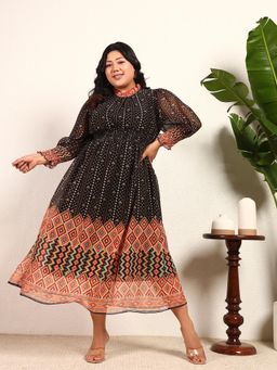 Deebaco - Black Chiffon Bandhani A-Line Women Plus Size Dress