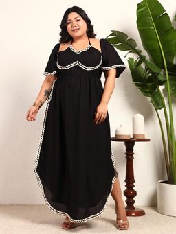 Deebaco - Black Viscose Rayon Solid A Line Slit Women Plus Size Dress