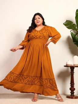 Deebaco - Tan Brown Rayon Solid Embroidered A-Line Smocked Women Plus Size Dress