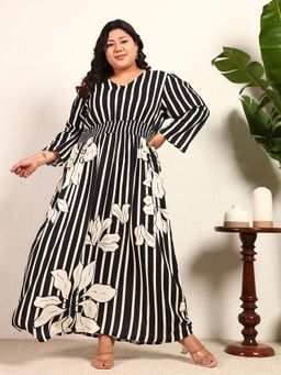 Deebaco - Black Viscose Rayon Striped With Placement Print Smocked Women Plus Size Dress