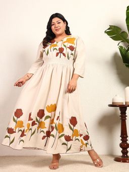 Deebaco - Off White Cotton Flex Floral Placement Print Smocked Women Plus Size Dress