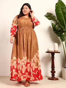 Deebaco - Brown Viscose Rayon Floral Placement Print Smocked Women Plus Size Dress