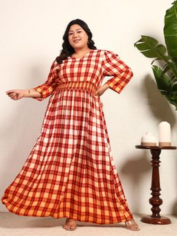 Deebaco - Multi Colour Viscose Rayon Check Ombre Smocked Women Plus Size Dress