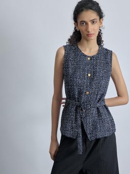 The Label Life - Navy Blue Tweed Belted Waistcoat for Women