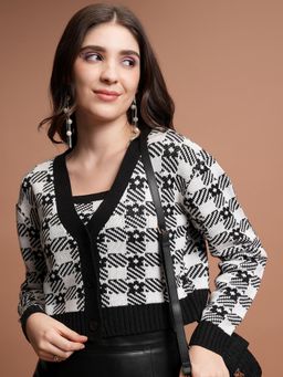 TOKYO TALKIES - Black Checked Cardigan With Crop Top