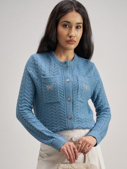 TOKYO TALKIES - Blue Self Design Embellished Cardigan