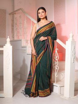 CHARUKRITI - Forest Green Cotton Handspun Handwoven Saree with Stripes Pattern with Unstitched Blouse