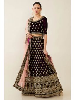 Soch - Women Black Velvet Embroidered Lehenga Choli Dress Material (Set of 3)