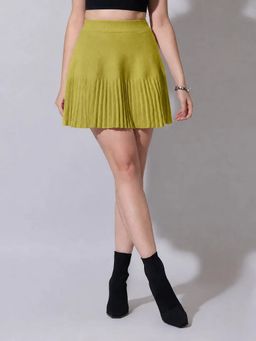 SHOWOFFFF - Women Solid Pleated Olive Mini Skirt